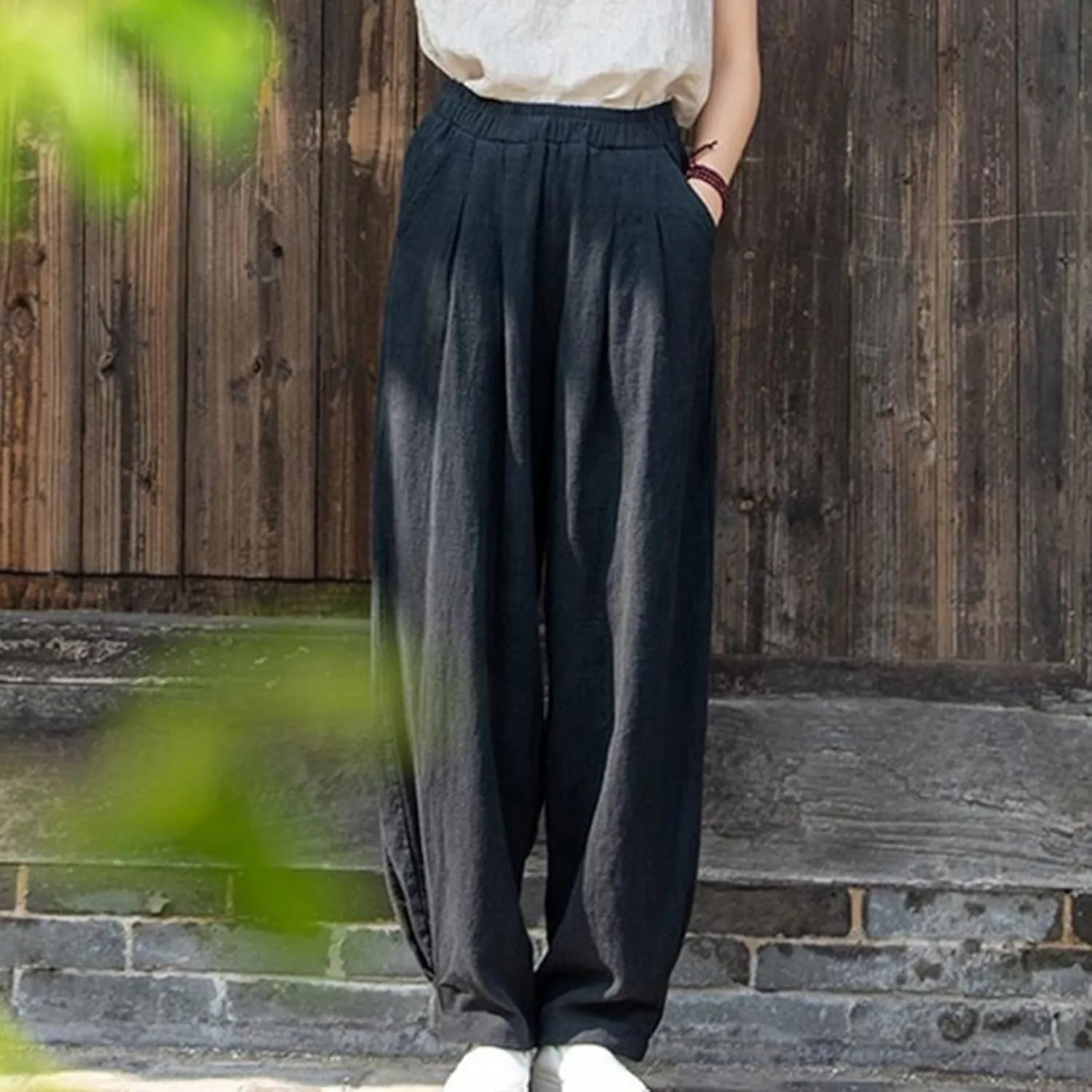 BZGTZT Women Cotton Linen Pants Summer Wide Leg Trousers Elastic High Waist Loose Fit Light Weight Lounge Pants with Pocket