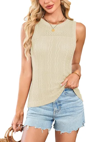 Cakulo Summer Crochet Tank Tops for Women 2025 Sleeveless Ribbed Cable Knit Crew Neck Spring Sweater Vest Top