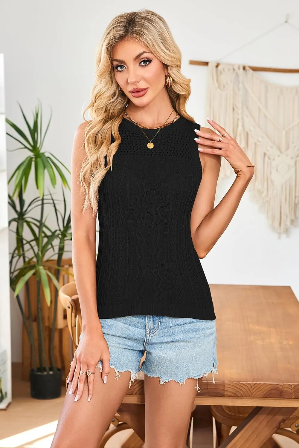 Cakulo Summer Crochet Tank Tops for Women 2025 Sleeveless Ribbed Cable Knit Crew Neck Spring Sweater Vest Top