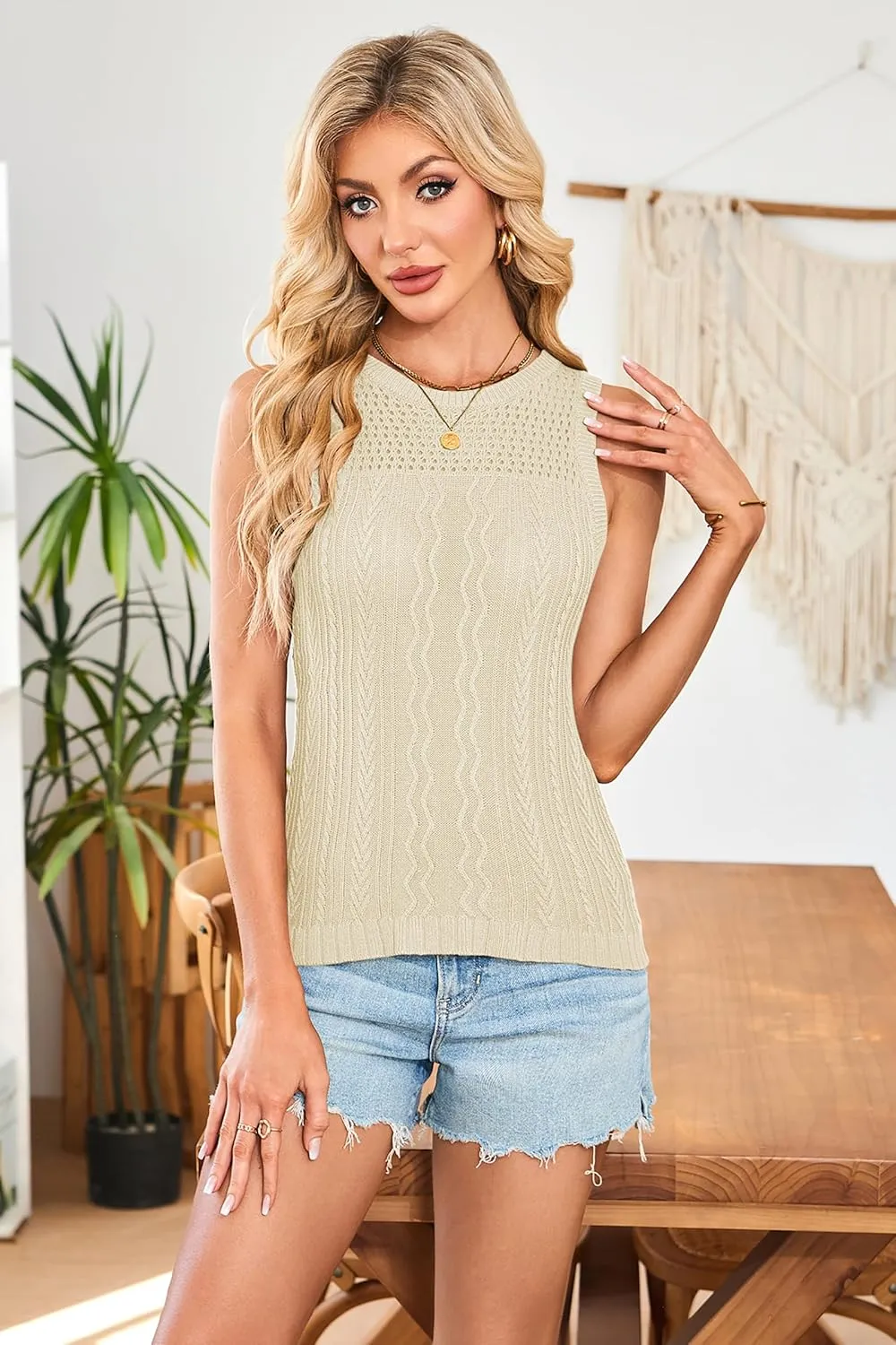 Cakulo Summer Crochet Tank Tops for Women 2025 Sleeveless Ribbed Cable Knit Crew Neck Spring Sweater Vest Top