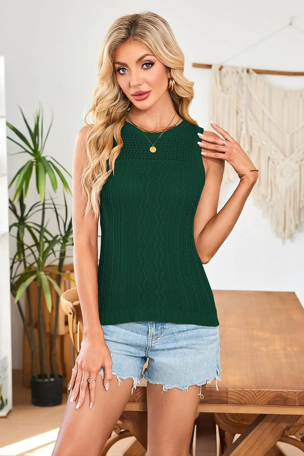 Cakulo Summer Crochet Tank Tops for Women 2025 Sleeveless Ribbed Cable Knit Crew Neck Spring Sweater Vest Top