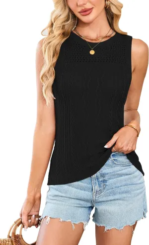 Cakulo Summer Crochet Tank Tops for Women 2025 Sleeveless Ribbed Cable Knit Crew Neck Spring Sweater Vest Top
