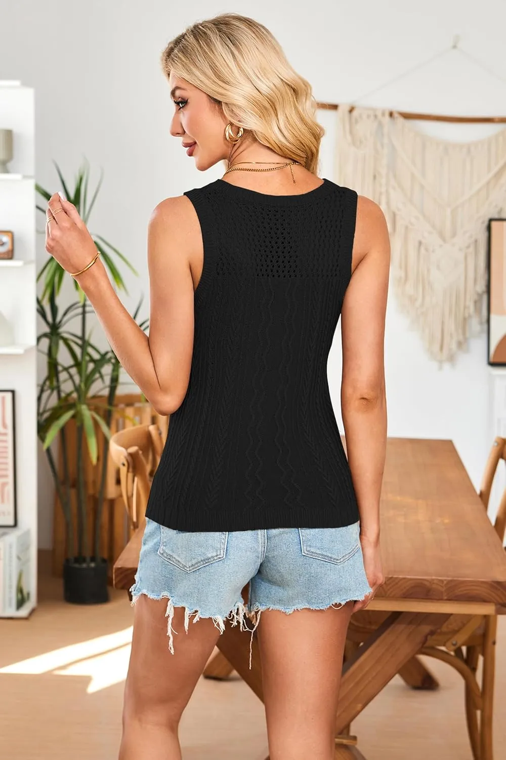 Cakulo Summer Crochet Tank Tops for Women 2025 Sleeveless Ribbed Cable Knit Crew Neck Spring Sweater Vest Top