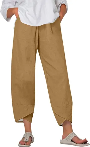 Capri Pants for Women- Cotton Flowy Stretch Casual Loose Jogging Workout Baggy Striped Trendy Travel Light Weight