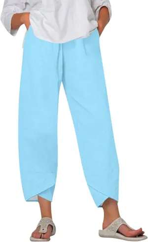 Capri Pants for Women- Cotton Flowy Stretch Casual Loose Jogging Workout Baggy Striped Trendy Travel Light Weight