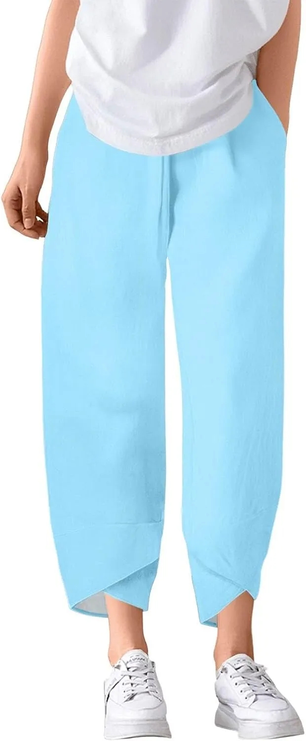 Capri Pants for Women- Cotton Flowy Stretch Casual Loose Jogging Workout Baggy Striped Trendy Travel Light Weight