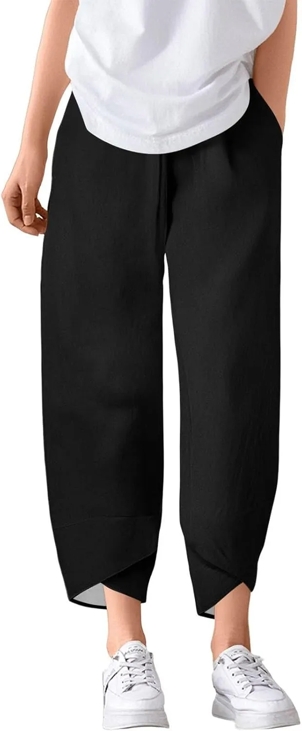 Capri Pants for Women- Cotton Flowy Stretch Casual Loose Jogging Workout Baggy Striped Trendy Travel Light Weight