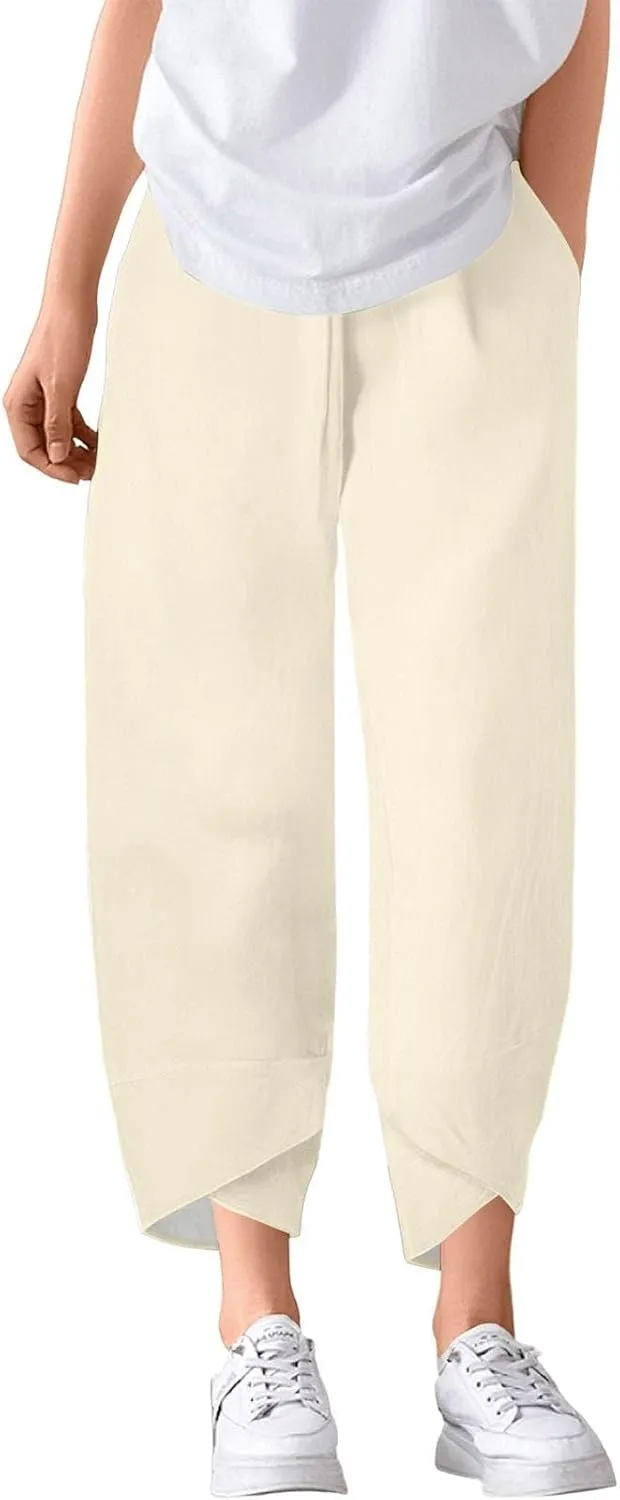 Capri Pants for Women- Cotton Flowy Stretch Casual Loose Jogging Workout Baggy Striped Trendy Travel Light Weight