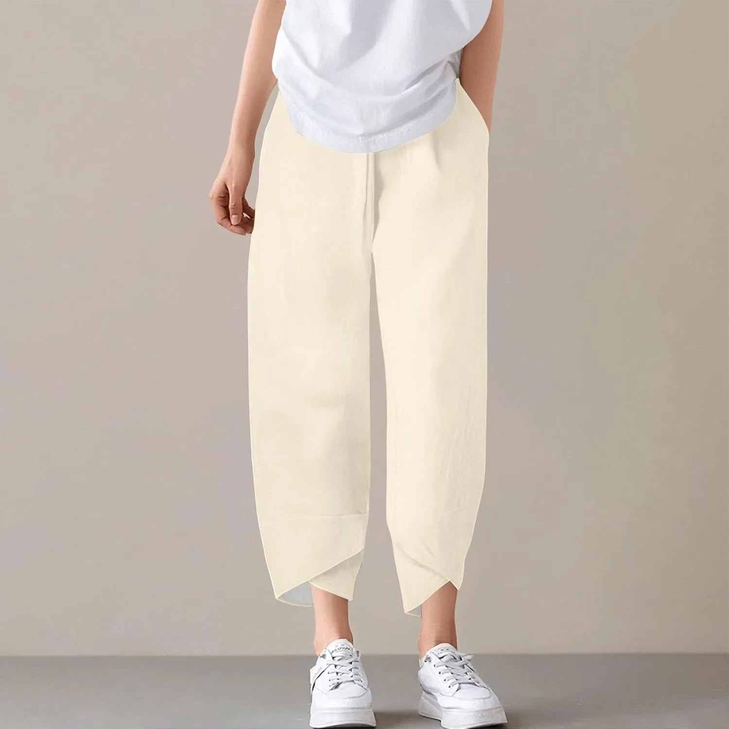 Capri Pants for Women- Cotton Flowy Stretch Casual Loose Jogging Workout Baggy Striped Trendy Travel Light Weight