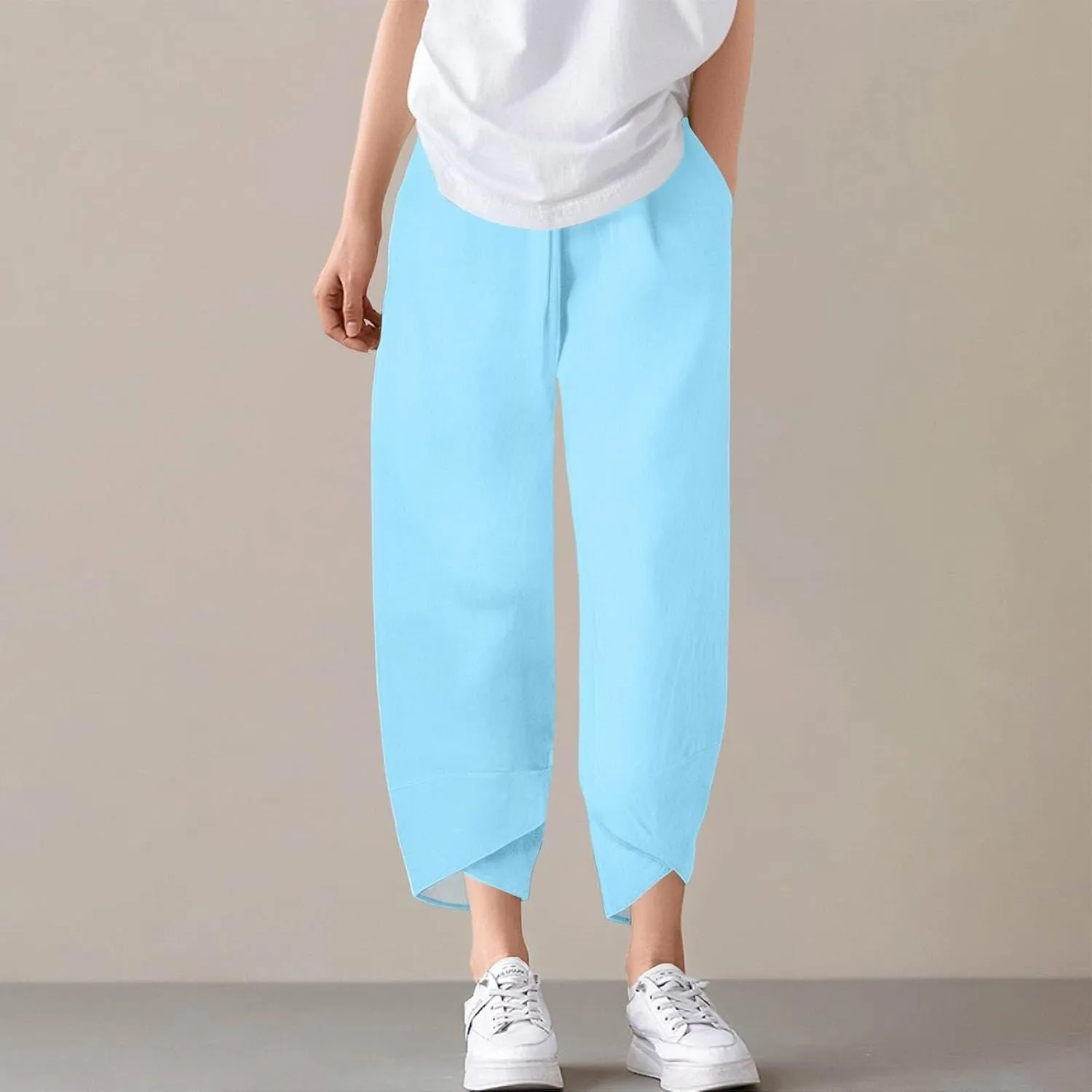 Capri Pants for Women- Cotton Flowy Stretch Casual Loose Jogging Workout Baggy Striped Trendy Travel Light Weight