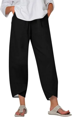 Capri Pants for Women- Cotton Flowy Stretch Casual Loose Jogging Workout Baggy Striped Trendy Travel Light Weight