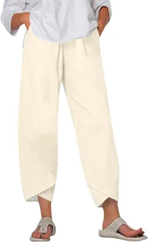 Capri Pants for Women- Cotton Flowy Stretch Casual Loose Jogging Workout Baggy Striped Trendy Travel Light Weight