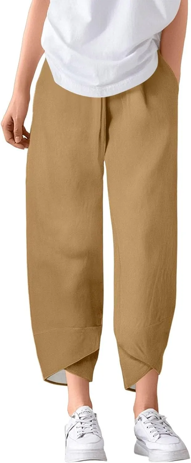 Capri Pants for Women- Cotton Flowy Stretch Casual Loose Jogging Workout Baggy Striped Trendy Travel Light Weight