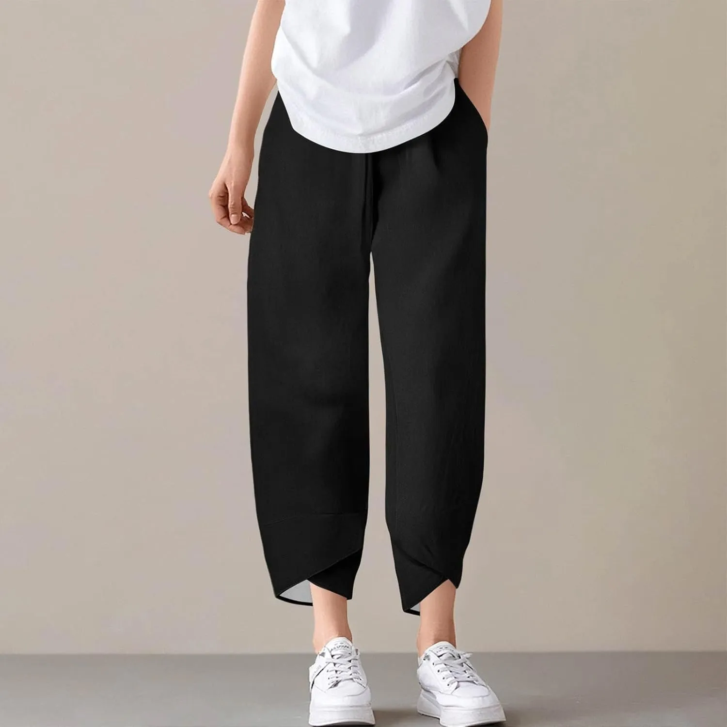Capri Pants for Women- Cotton Flowy Stretch Casual Loose Jogging Workout Baggy Striped Trendy Travel Light Weight
