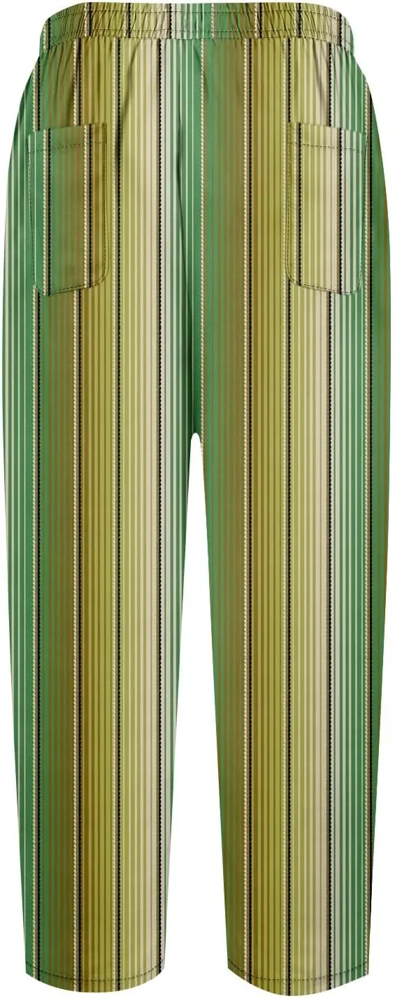 Capri Pants for Women- Elastic Waist Beach Travel Striped Jogging Workout Baggy Stretch Trendy Loose Light Weight
