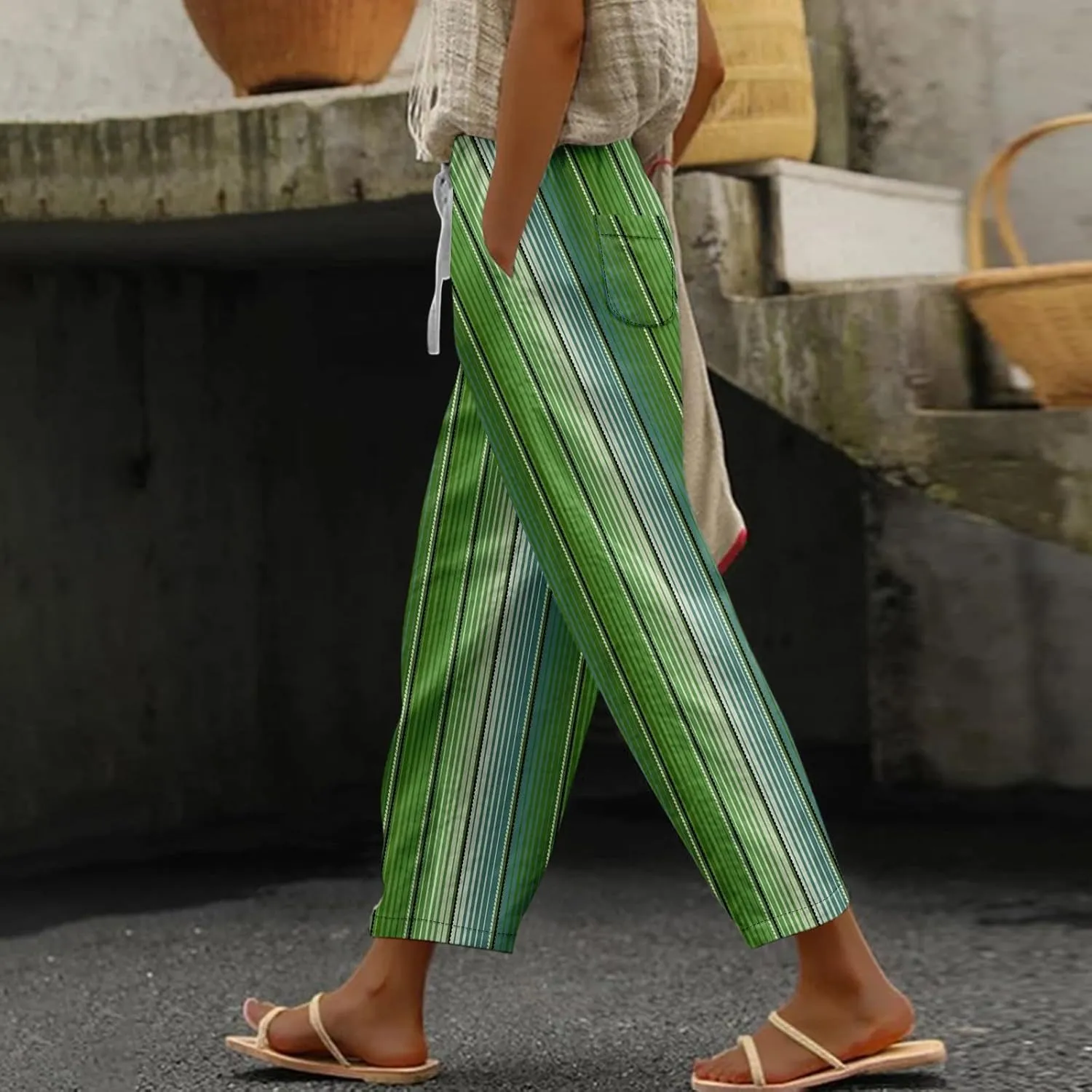 Capri Pants for Women- Elastic Waist Beach Travel Striped Jogging Workout Baggy Stretch Trendy Loose Light Weight