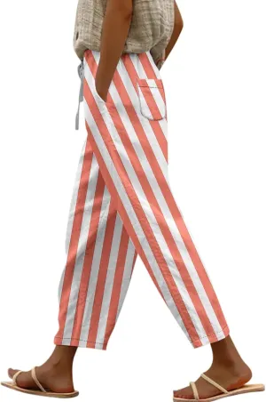 Capri Pants for Women- Elastic Waist Beach Travel Striped Jogging Workout Baggy Stretch Trendy Loose Light Weight