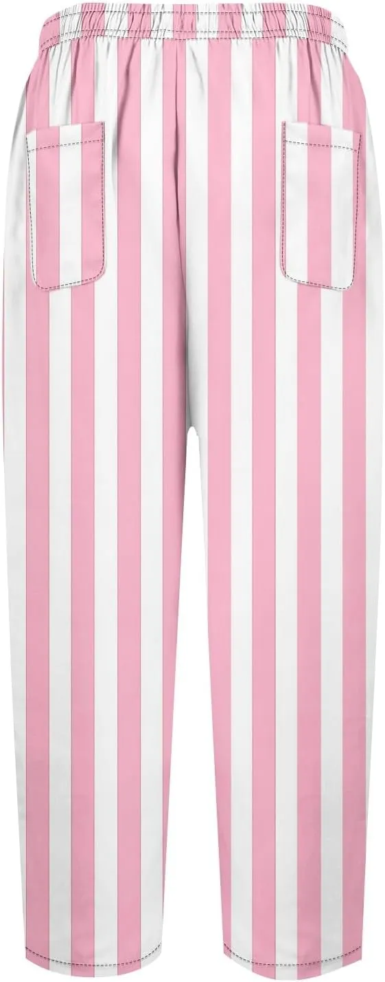Capri Pants for Women- Elastic Waist Beach Travel Striped Jogging Workout Baggy Stretch Trendy Loose Light Weight