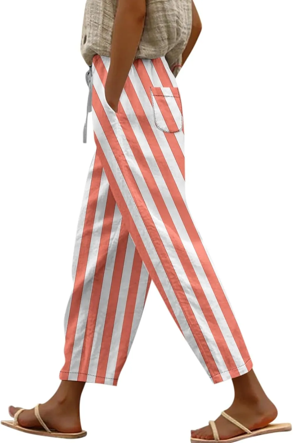 Capri Pants for Women- Elastic Waist Beach Travel Striped Jogging Workout Baggy Stretch Trendy Loose Light Weight