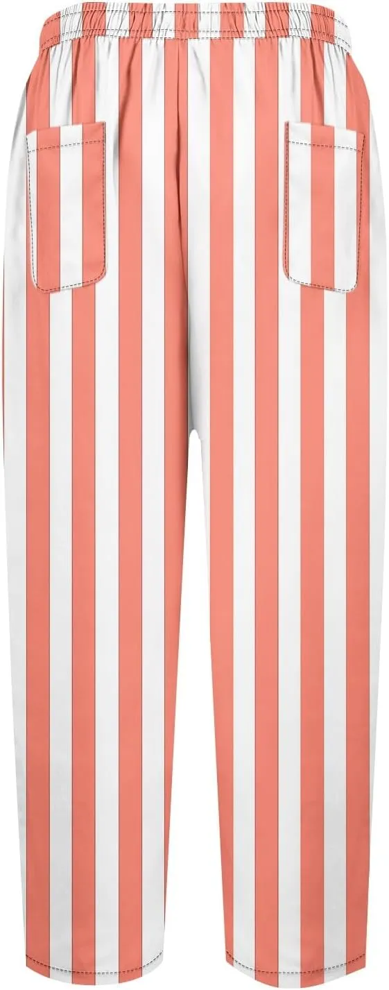 Capri Pants for Women- Elastic Waist Beach Travel Striped Jogging Workout Baggy Stretch Trendy Loose Light Weight