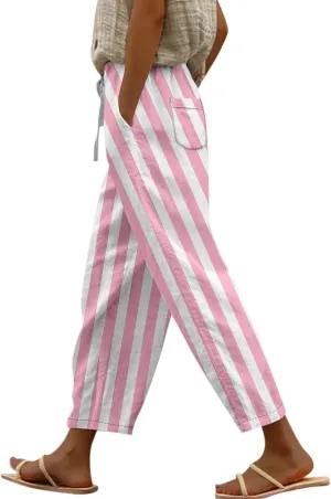 Capri Pants for Women- Elastic Waist Beach Travel Striped Jogging Workout Baggy Stretch Trendy Loose Light Weight