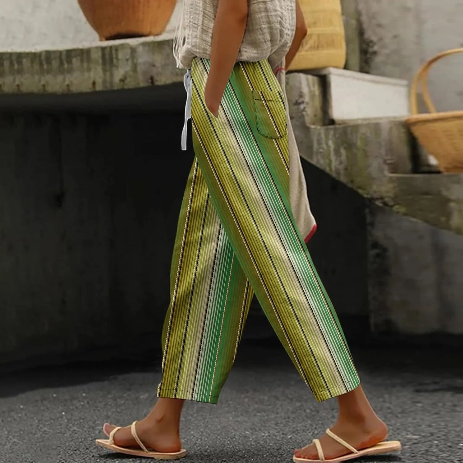 Capri Pants for Women- Elastic Waist Beach Travel Striped Jogging Workout Baggy Stretch Trendy Loose Light Weight