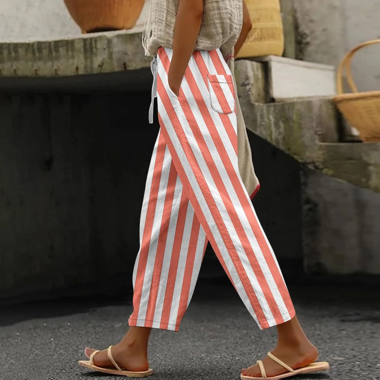 Capri Pants for Women- Elastic Waist Beach Travel Striped Jogging Workout Baggy Stretch Trendy Loose Light Weight