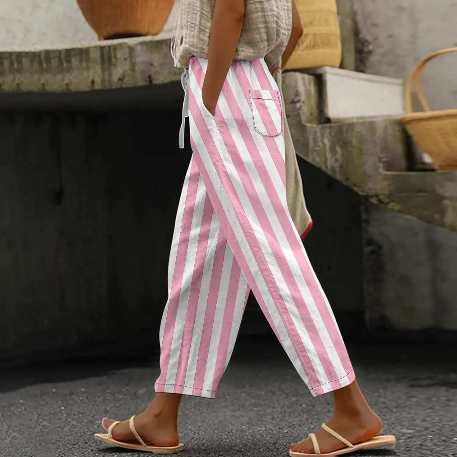 Capri Pants for Women- Elastic Waist Beach Travel Striped Jogging Workout Baggy Stretch Trendy Loose Light Weight