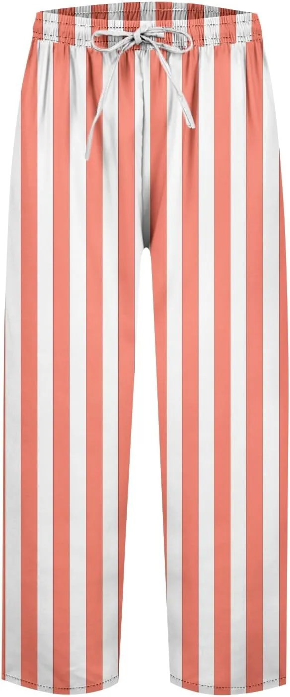 Capri Pants for Women- Elastic Waist Beach Travel Striped Jogging Workout Baggy Stretch Trendy Loose Light Weight