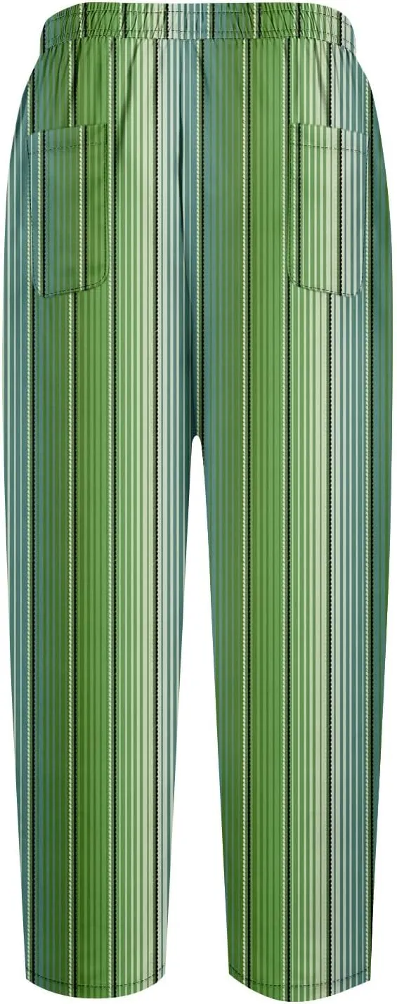 Capri Pants for Women- Elastic Waist Beach Travel Striped Jogging Workout Baggy Stretch Trendy Loose Light Weight