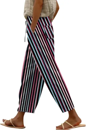 Capri Pants for Women- Elastic Waist Flowy Loose Baggy Workout Light Weight Striped Jogging Stretch Trendy Casual