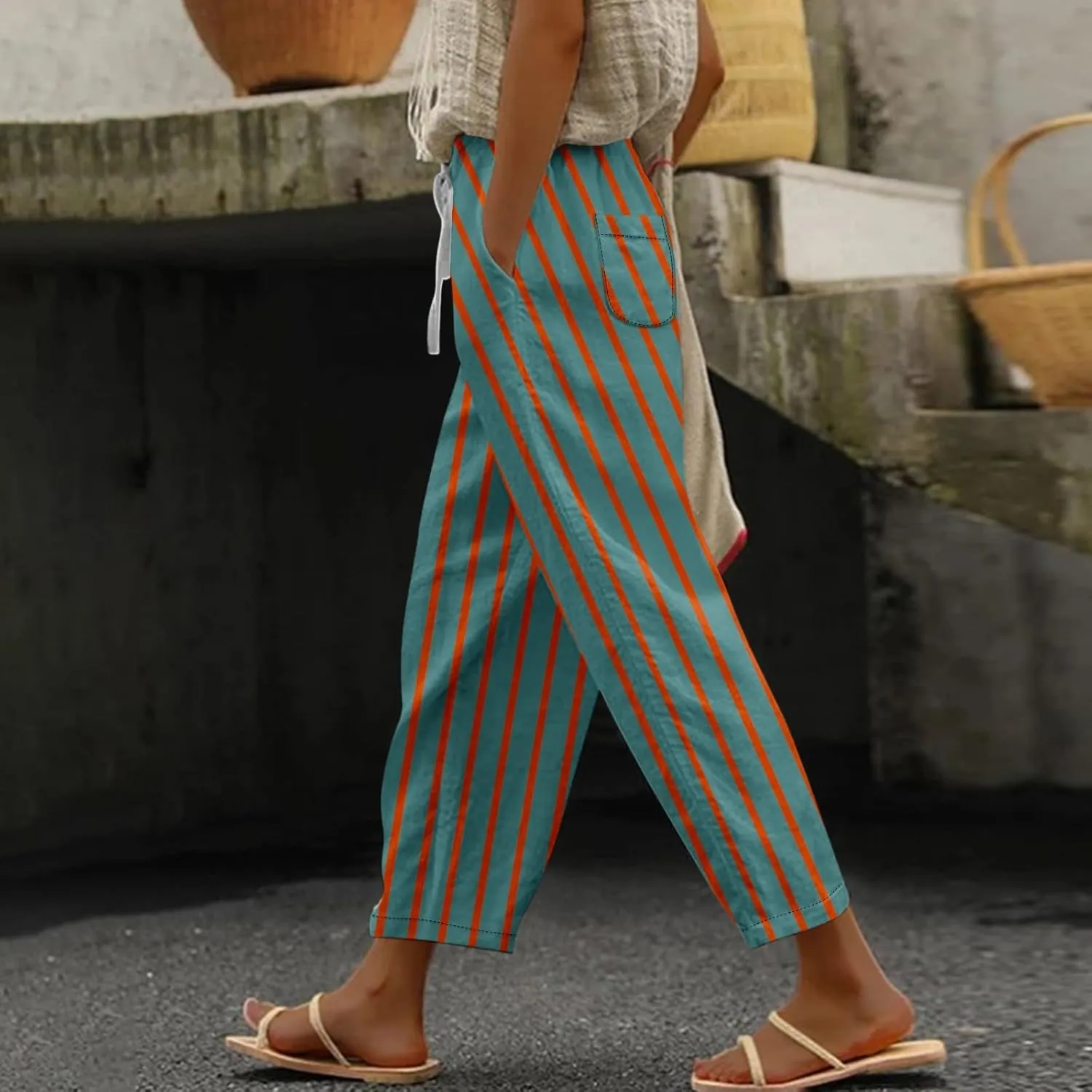 Capri Pants for Women- Elastic Waist Flowy Loose Baggy Workout Light Weight Striped Jogging Stretch Trendy Casual