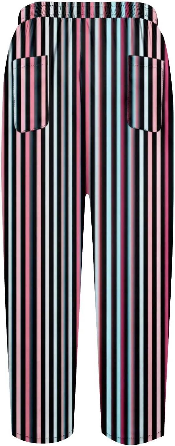 Capri Pants for Women- Elastic Waist Flowy Loose Baggy Workout Light Weight Striped Jogging Stretch Trendy Casual