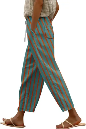 Capri Pants for Women- Elastic Waist Flowy Loose Baggy Workout Light Weight Striped Jogging Stretch Trendy Casual
