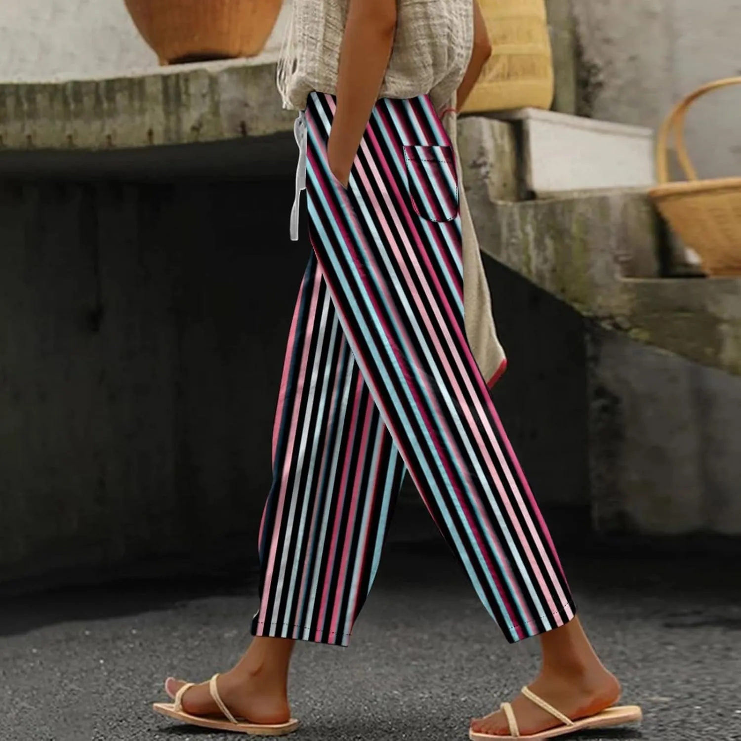 Capri Pants for Women- Elastic Waist Flowy Loose Baggy Workout Light Weight Striped Jogging Stretch Trendy Casual