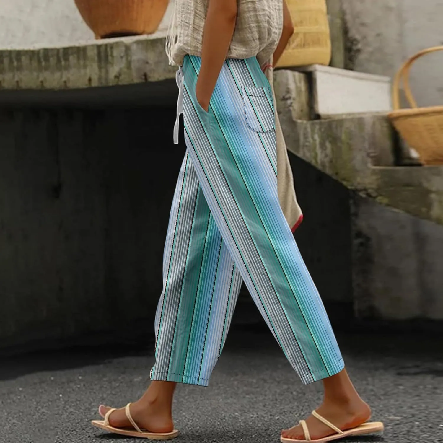 Capri Pants for Women- Elastic Waist Flowy Loose Baggy Workout Light Weight Striped Jogging Stretch Trendy Casual