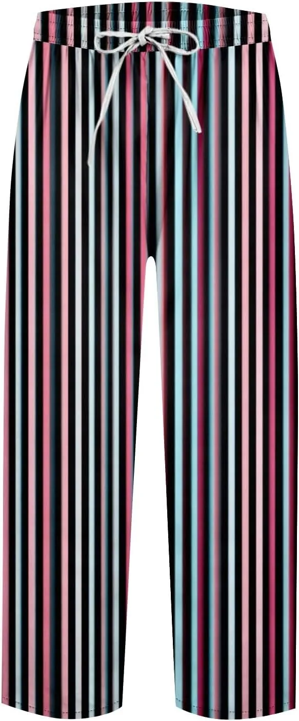 Capri Pants for Women- Elastic Waist Flowy Loose Baggy Workout Light Weight Striped Jogging Stretch Trendy Casual