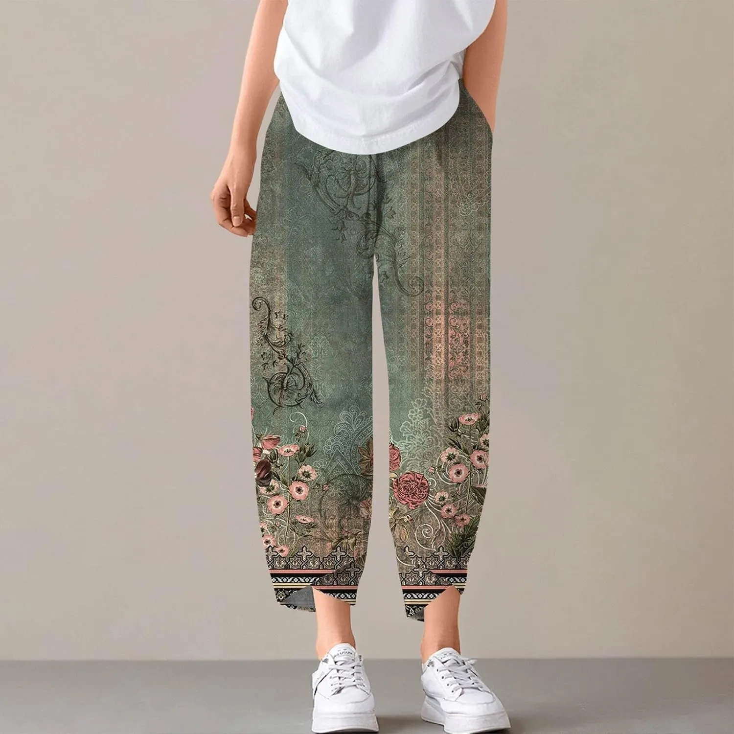 Capri Pants for Women- Flowy Beach Striped Casual Loose Workout Travel Trendy Jogging Baggy Light Weight Stretch