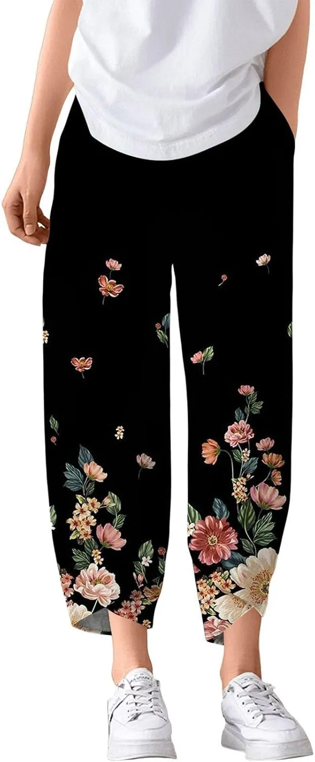 Capri Pants for Women- Flowy Beach Striped Casual Loose Workout Travel Trendy Jogging Baggy Light Weight Stretch