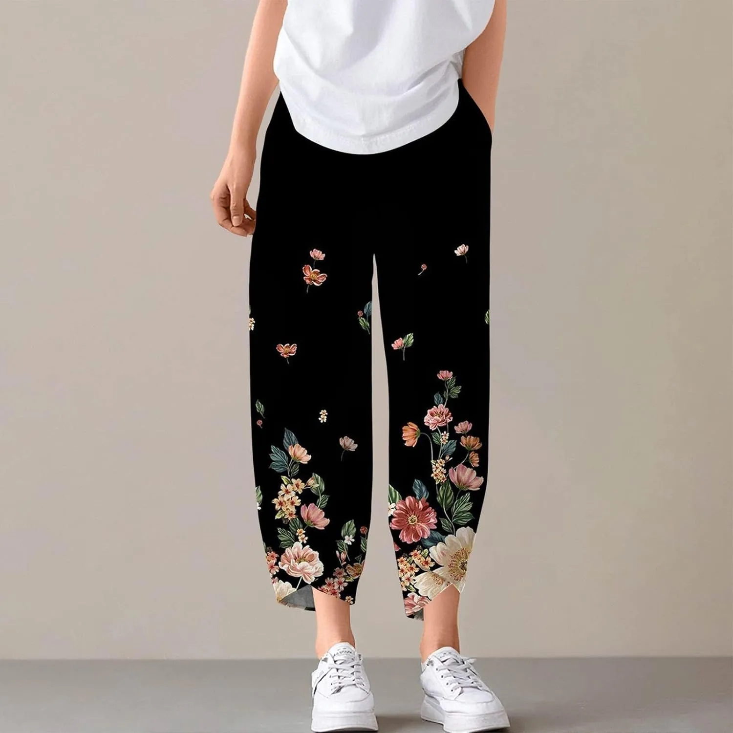 Capri Pants for Women- Flowy Beach Striped Casual Loose Workout Travel Trendy Jogging Baggy Light Weight Stretch