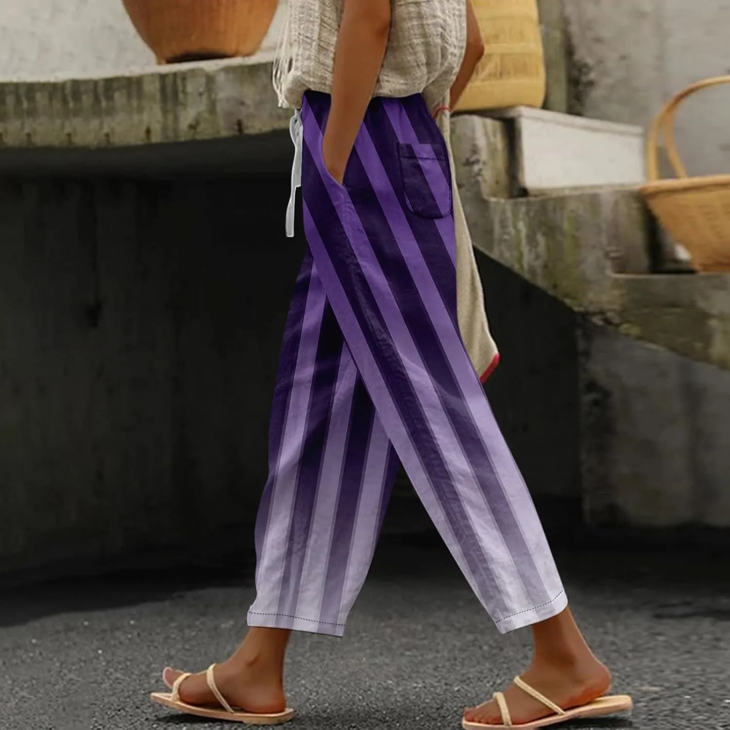 Capri Pants for Women- Flowy with Pockets Loose Casual Travel Trendy Workout Jogging Light Weight Stretch Striped