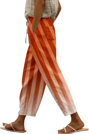 Capri Pants for Women- Flowy with Pockets Loose Casual Travel Trendy Workout Jogging Light Weight Stretch Striped