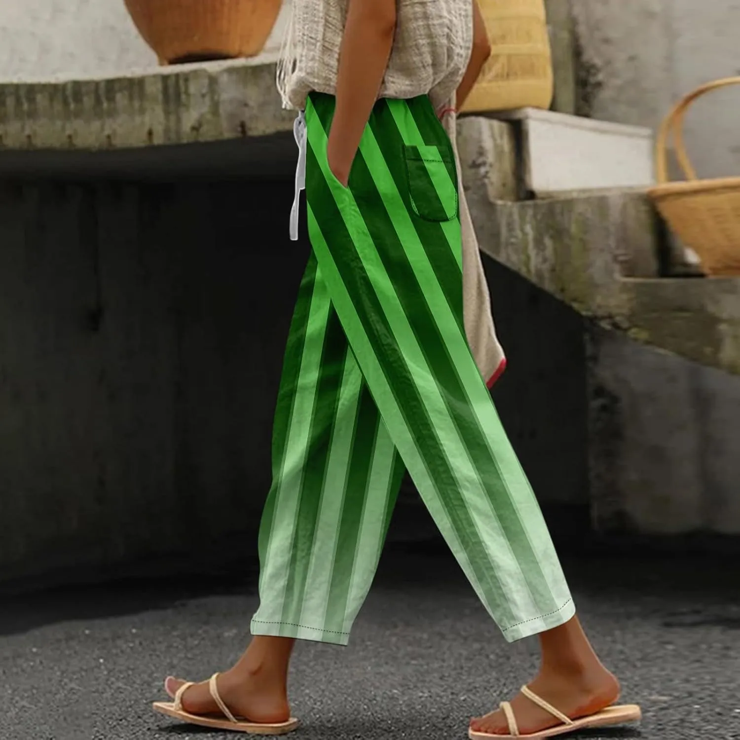 Capri Pants for Women- Flowy with Pockets Loose Casual Travel Trendy Workout Jogging Light Weight Stretch Striped