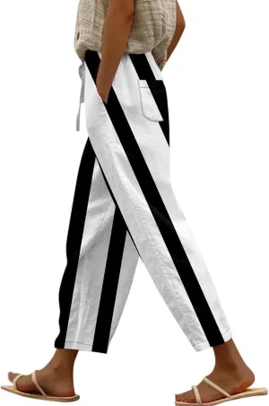 Capri Pants for Women- Flowy with Pockets Loose Casual Travel Trendy Workout Jogging Light Weight Stretch Striped