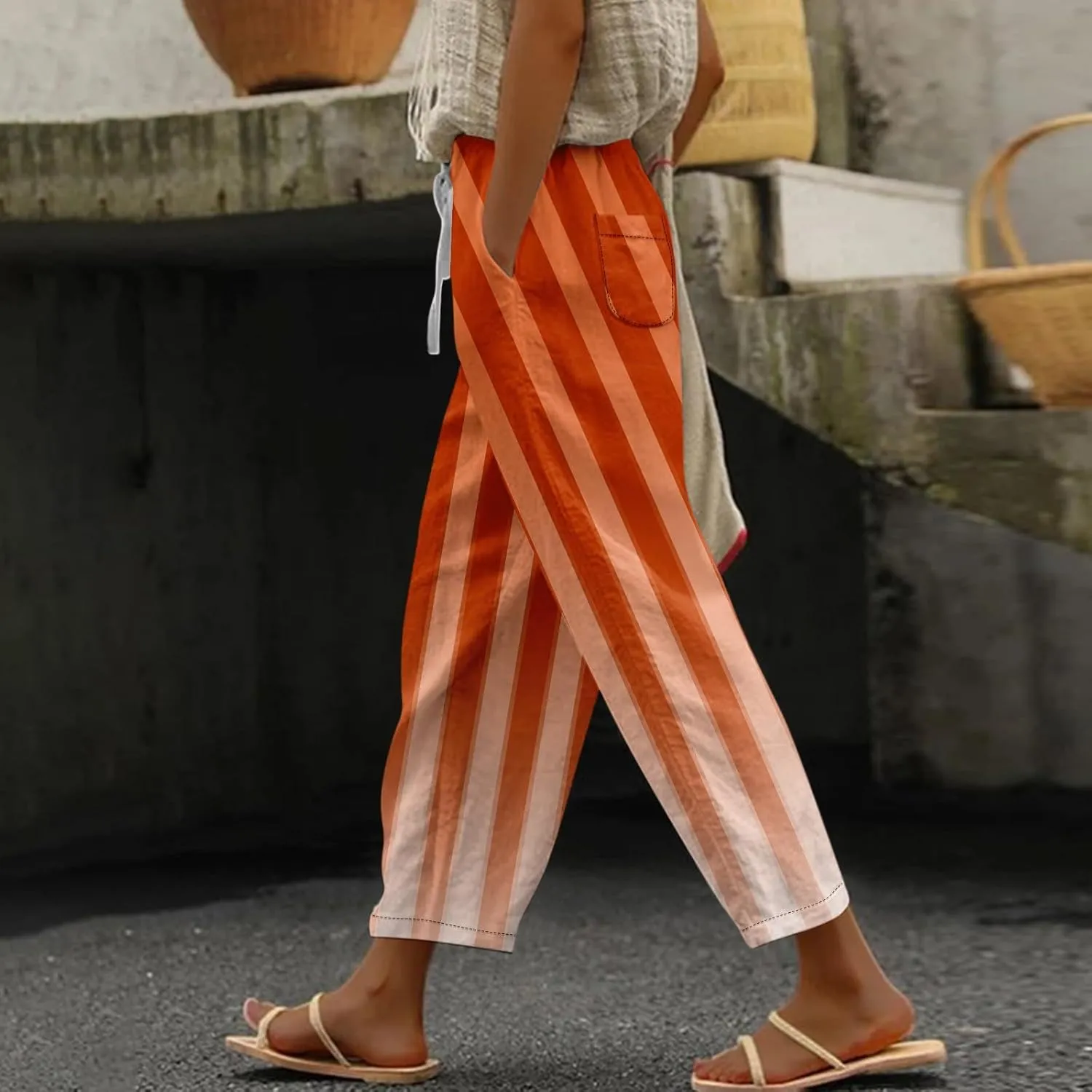 Capri Pants for Women- Flowy with Pockets Loose Casual Travel Trendy Workout Jogging Light Weight Stretch Striped