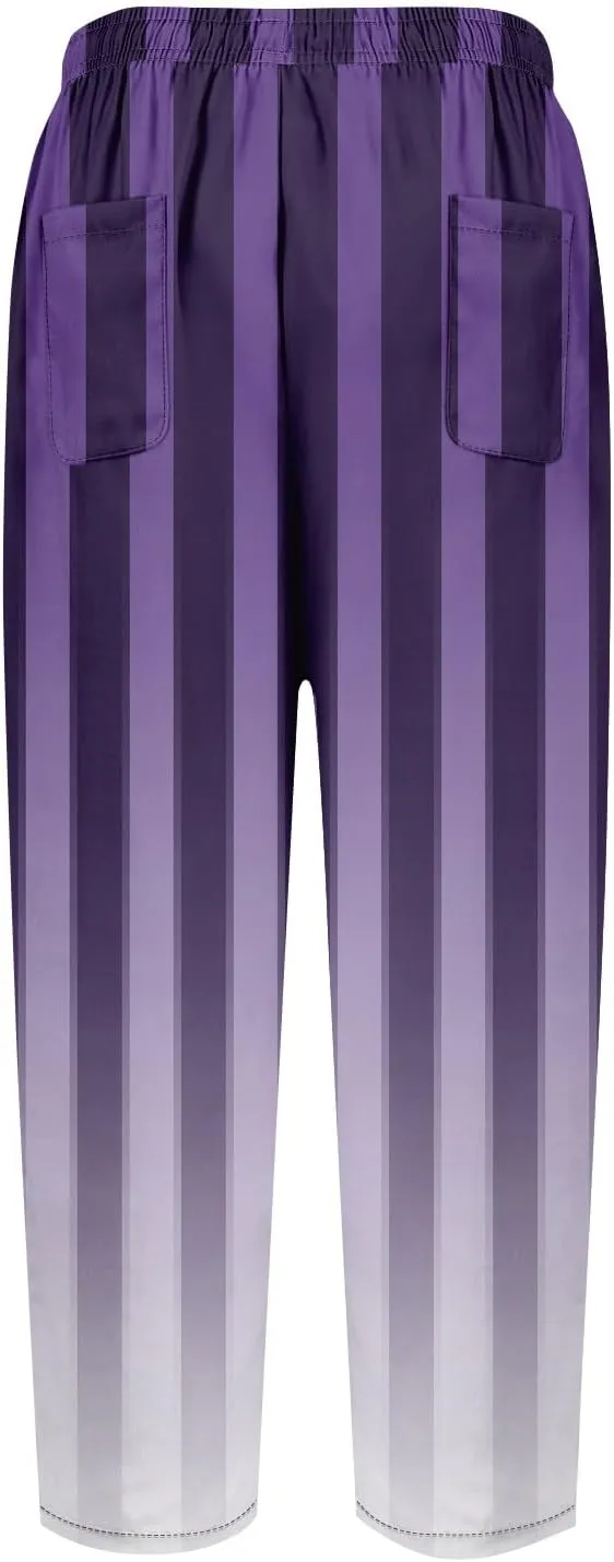 Capri Pants for Women- Flowy with Pockets Loose Casual Travel Trendy Workout Jogging Light Weight Stretch Striped