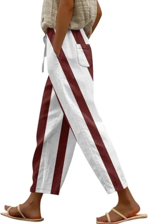 Capri Pants for Women- Flowy with Pockets Loose Casual Travel Trendy Workout Jogging Light Weight Stretch Striped