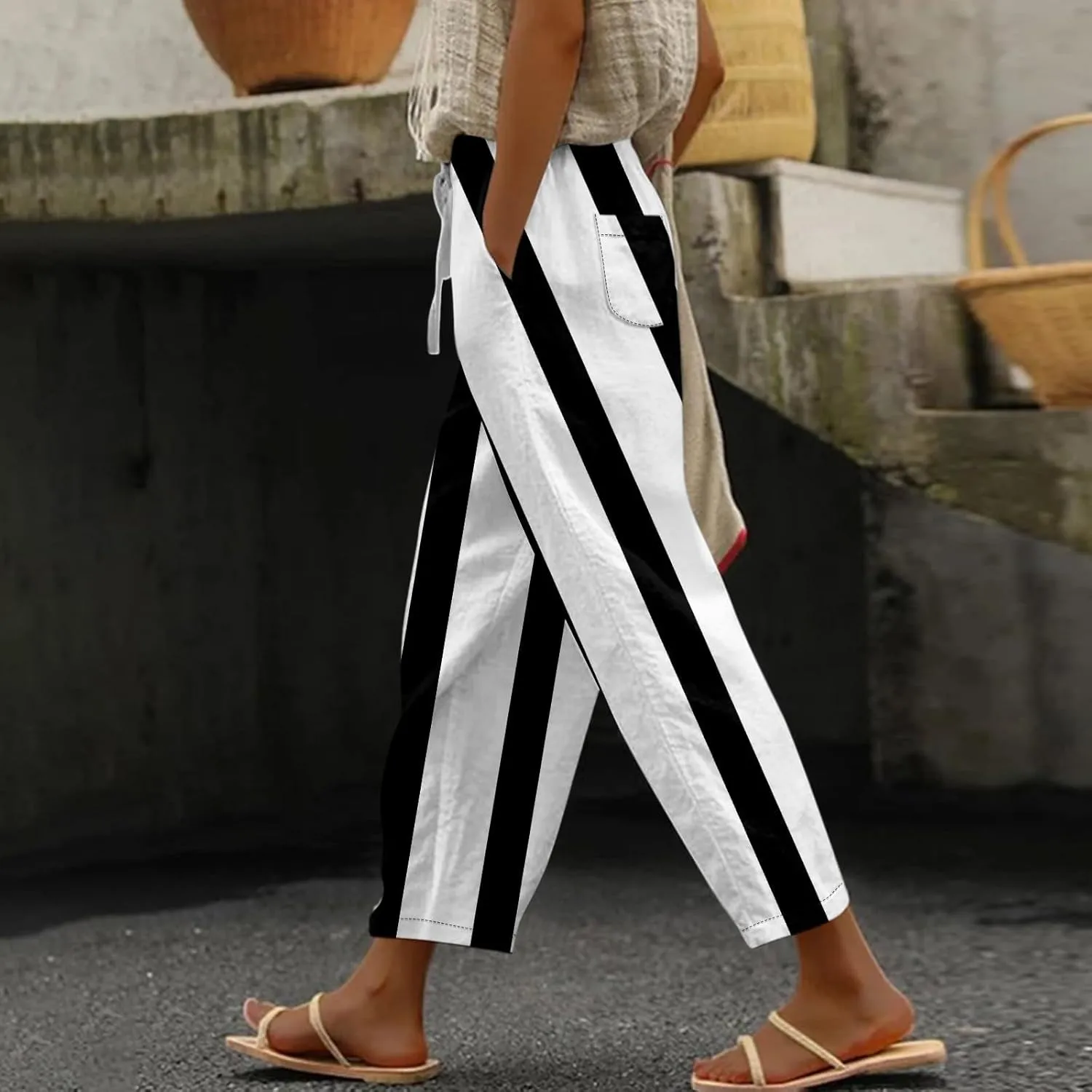 Capri Pants for Women- Flowy with Pockets Loose Casual Travel Trendy Workout Jogging Light Weight Stretch Striped