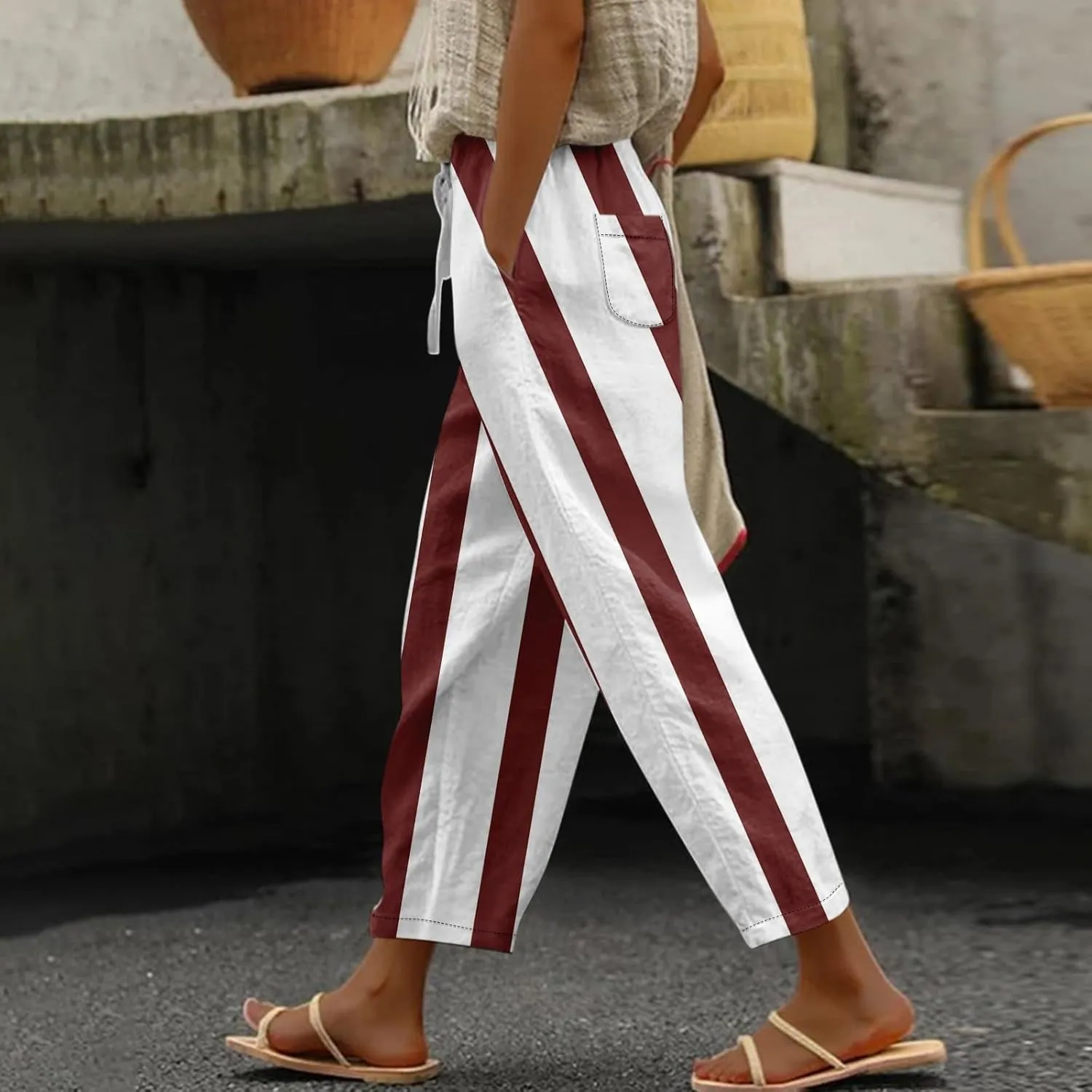 Capri Pants for Women- Flowy with Pockets Loose Casual Travel Trendy Workout Jogging Light Weight Stretch Striped