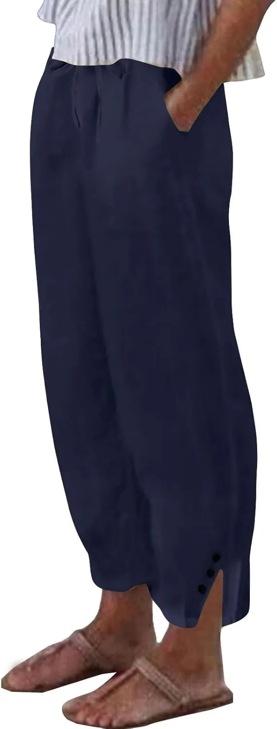 Capri Pants for Women Plus Size- Cotton Elastic Waist Light Weight Travel Jogging Trendy Striped Stretch Workout